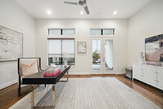 office space featuring recessed lighting, french doors, baseboards, and wood finished floors