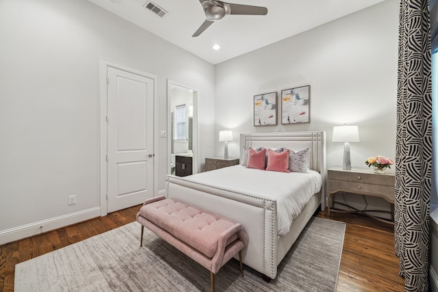 bedroom featuring recessed lighting, visible vents, baseboards, and wood finished floors