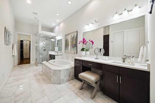 bathroom featuring a garden tub, vanity, visible vents, marble finish floor, and a stall shower