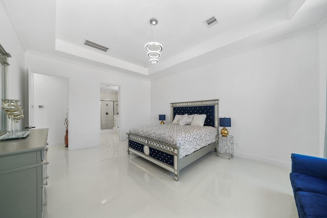 bedroom with baseboards, visible vents, a raised ceiling, and crown molding