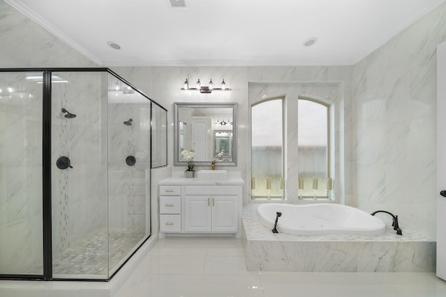 full bath with crown molding, vanity, a marble finish shower, and a bath