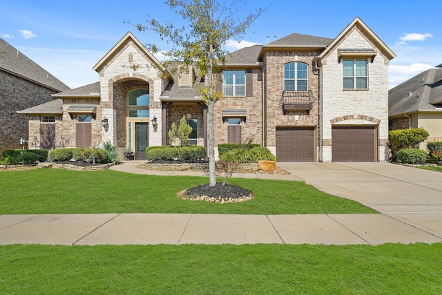 french country home featuring a garage, driveway, brick siding, and a front lawn