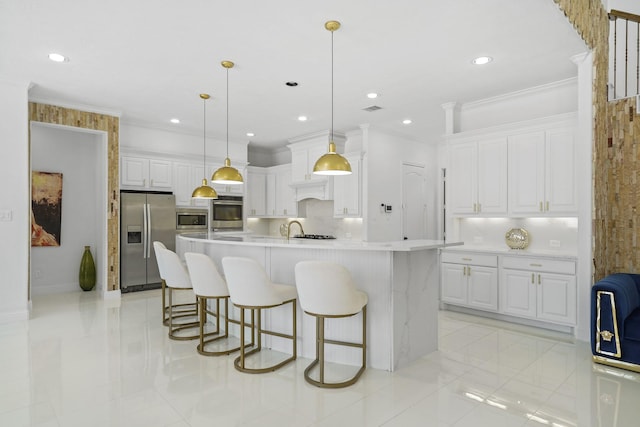 kitchen with tasteful backsplash, appliances with stainless steel finishes, ornamental molding, light countertops, and white cabinetry