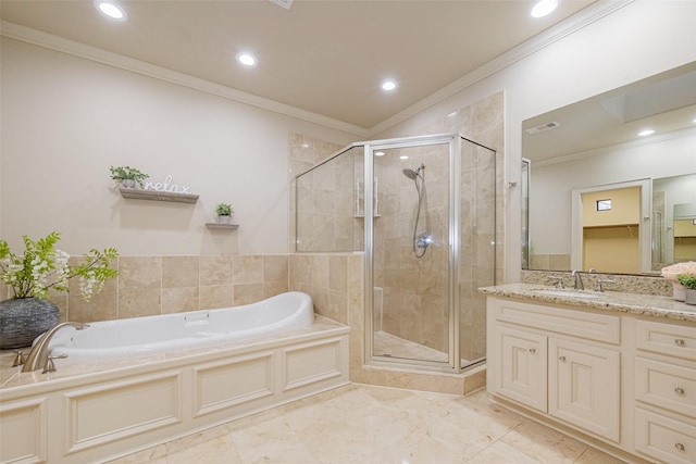 bathroom with a stall shower, visible vents, a garden tub, and ornamental molding