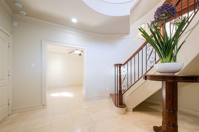 staircase with recessed lighting, baseboards, and ornamental molding