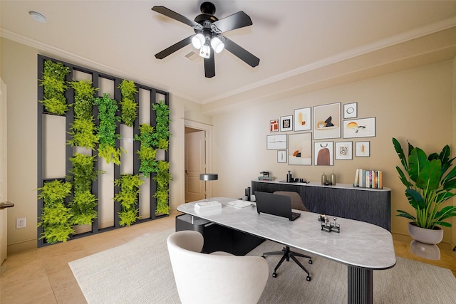 office area with crown molding, light tile patterned flooring, a ceiling fan, and visible vents