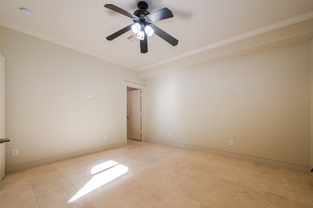 spare room with a ceiling fan, baseboards, and ornamental molding