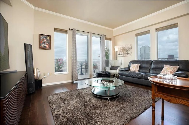 living room featuring baseboards, dark wood finished floors, and crown molding