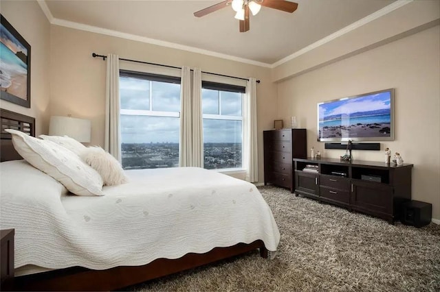 bedroom with light carpet, ceiling fan, and ornamental molding