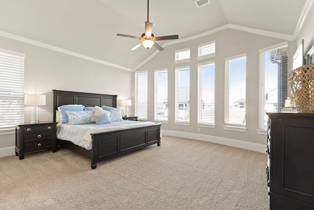 bedroom with light carpet, visible vents, baseboards, vaulted ceiling, and ornamental molding