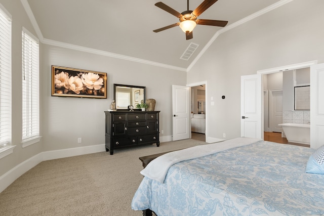 bedroom with visible vents, baseboards, ornamental molding, carpet, and high vaulted ceiling