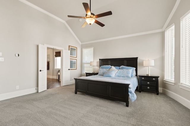 bedroom featuring vaulted ceiling, light colored carpet, and crown molding