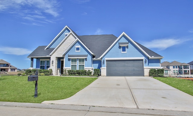 craftsman inspired home with concrete driveway, stone siding, roof with shingles, stucco siding, and a front yard