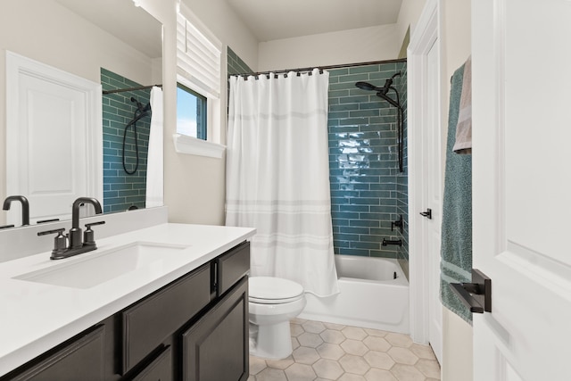 full bath featuring toilet, shower / tub combo, tile patterned flooring, and vanity