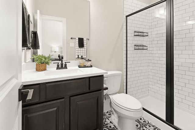 bathroom featuring a stall shower, vanity, and toilet