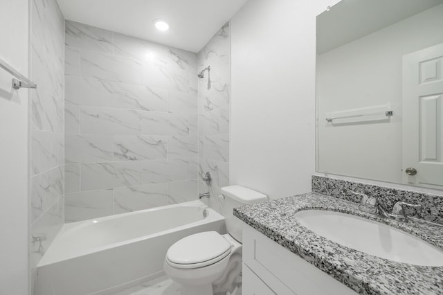 full bath with toilet, marble finish floor, shower / tub combination, and vanity