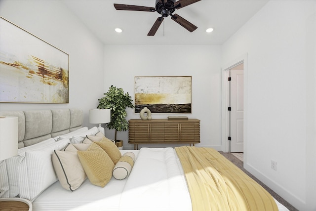 bedroom with baseboards, ceiling fan, and recessed lighting