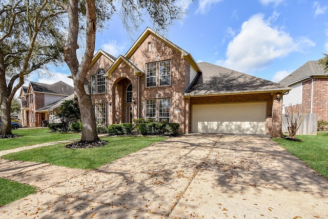 traditional-style house with brick siding, concrete driveway, a garage, and a front yard