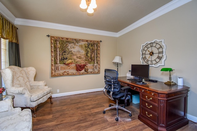 office space with crown molding, baseboards, and wood finished floors