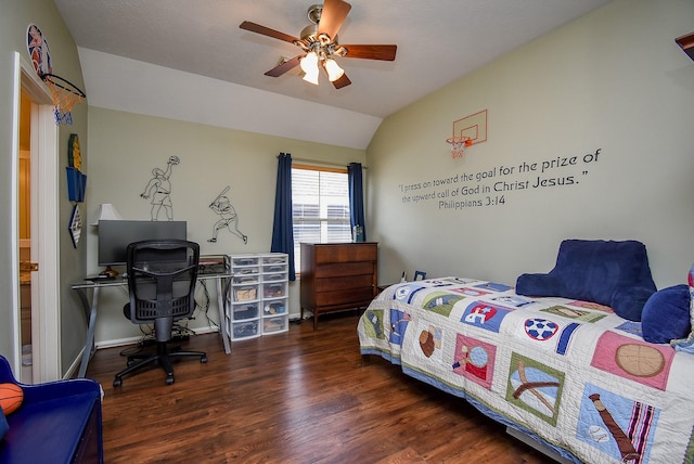 bedroom with vaulted ceiling, wood finished floors, baseboards, and ceiling fan