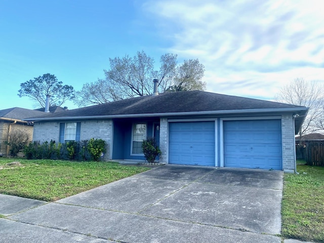 ranch-style home featuring brick siding, concrete driveway, roof with shingles, an attached garage, and a front yard