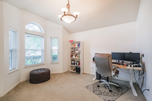 office with an inviting chandelier, carpet, baseboards, and vaulted ceiling