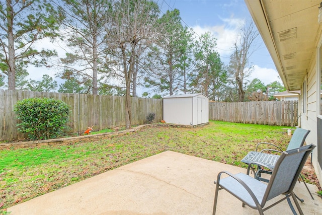 view of patio / terrace featuring an outbuilding, a fenced backyard, and a storage shed