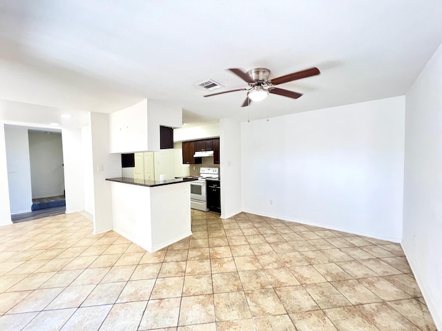 kitchen with visible vents, a ceiling fan, dark countertops, a peninsula, and white electric range