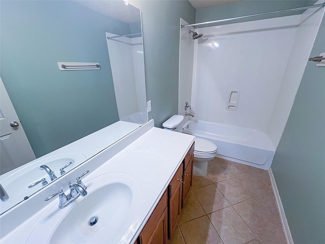 bathroom with baseboards, toilet, tile patterned flooring, tub / shower combination, and vanity