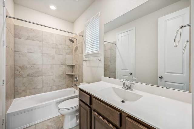 full bath featuring bathing tub / shower combination, recessed lighting, toilet, vanity, and tile patterned floors