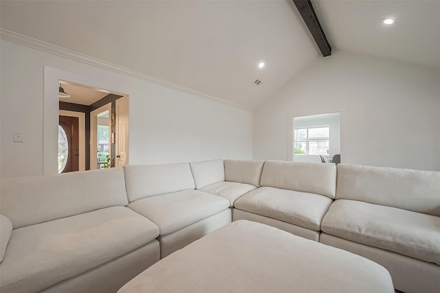 living area featuring lofted ceiling with beams, visible vents, crown molding, and recessed lighting