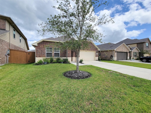 single story home featuring an attached garage, a front lawn, concrete driveway, and brick siding