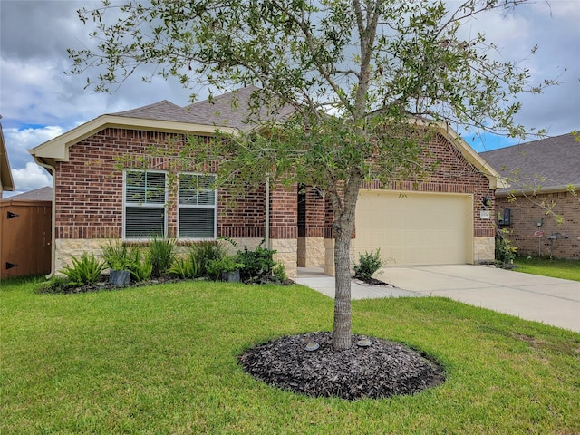 ranch-style home featuring a garage, a front yard, brick siding, and driveway