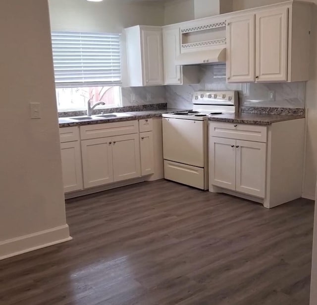 kitchen featuring white range with electric stovetop, dark wood-style floors, white cabinetry, open shelves, and a sink