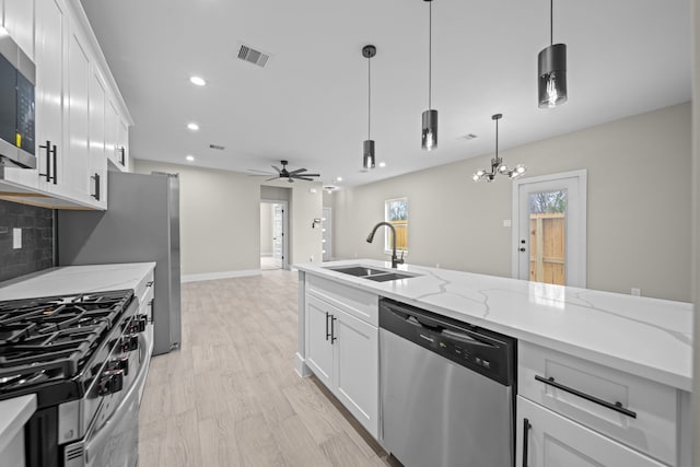 kitchen featuring visible vents, backsplash, appliances with stainless steel finishes, white cabinets, and a sink