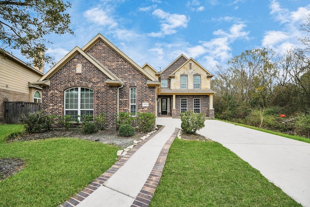 view of front of house with a front yard and brick siding