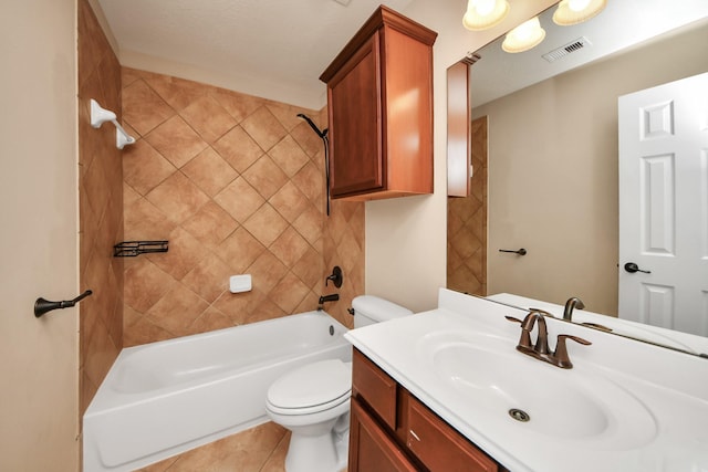 full bath featuring shower / bathtub combination, toilet, visible vents, vanity, and tile patterned floors