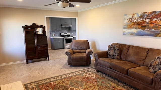 living area with ceiling fan, ornamental molding, recessed lighting, and baseboards