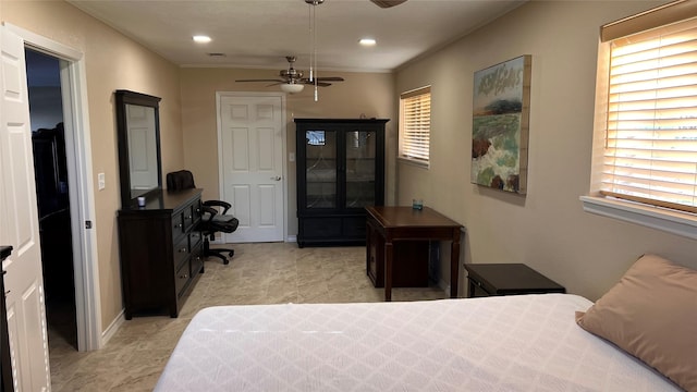 bedroom featuring baseboards, ornamental molding, a ceiling fan, and recessed lighting