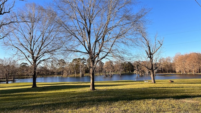 view of community with a lawn and a water view