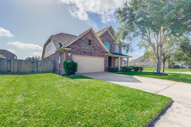 traditional-style house with concrete driveway, brick siding, a front yard, and fence