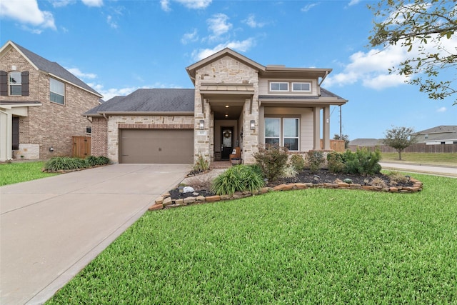 view of front of house featuring a garage, brick siding, stone siding, driveway, and a front lawn