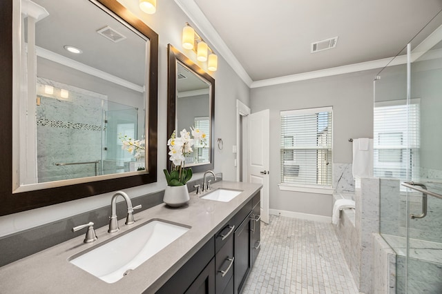 bathroom featuring crown molding, visible vents, and a sink