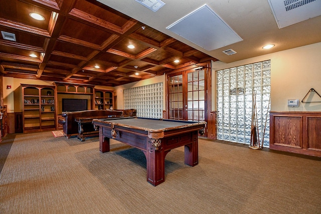 game room featuring coffered ceiling, carpet flooring, and visible vents