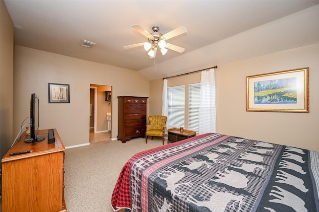 bedroom with light carpet, baseboards, visible vents, a ceiling fan, and lofted ceiling