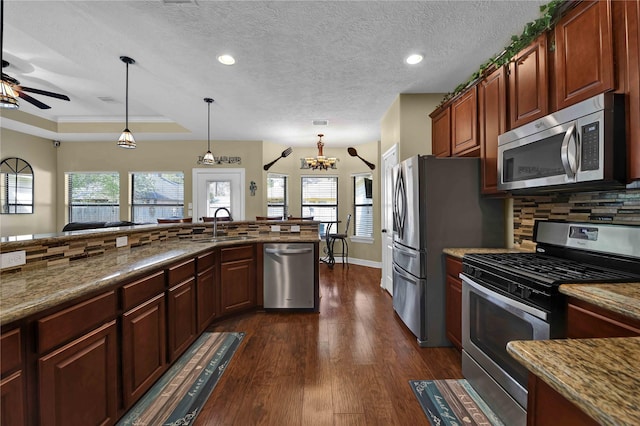 kitchen with stainless steel appliances, dark wood-type flooring, a sink, a tray ceiling, and tasteful backsplash