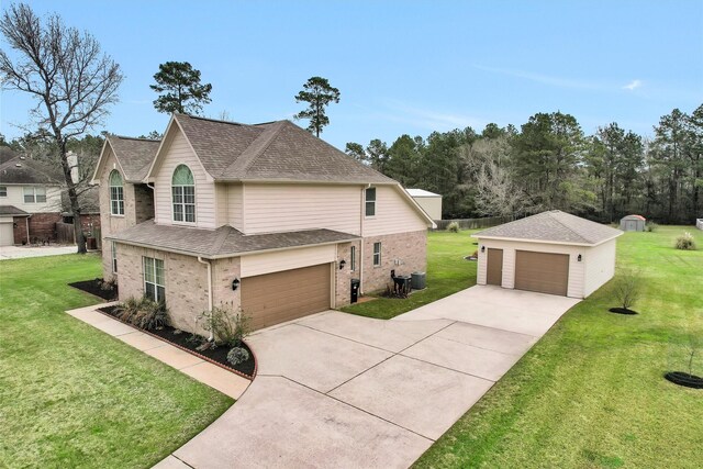 view of front of home with brick siding, a shingled roof, a front yard, central AC unit, and an outbuilding