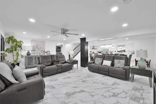 living room with visible vents, a ceiling fan, recessed lighting, stairway, and crown molding