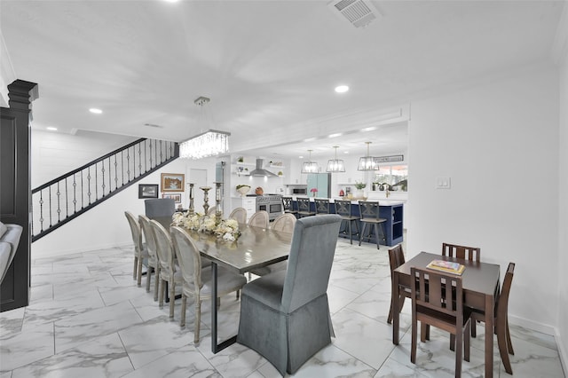 dining area featuring recessed lighting, stairway, marble finish floor, and visible vents