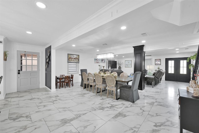 dining room featuring visible vents, decorative columns, recessed lighting, crown molding, and marble finish floor